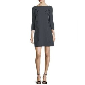 Chiara Boni Elfrida Boat-Neck 3/4 Sleeves Dress w/ Faux-Leather Trim, size 10